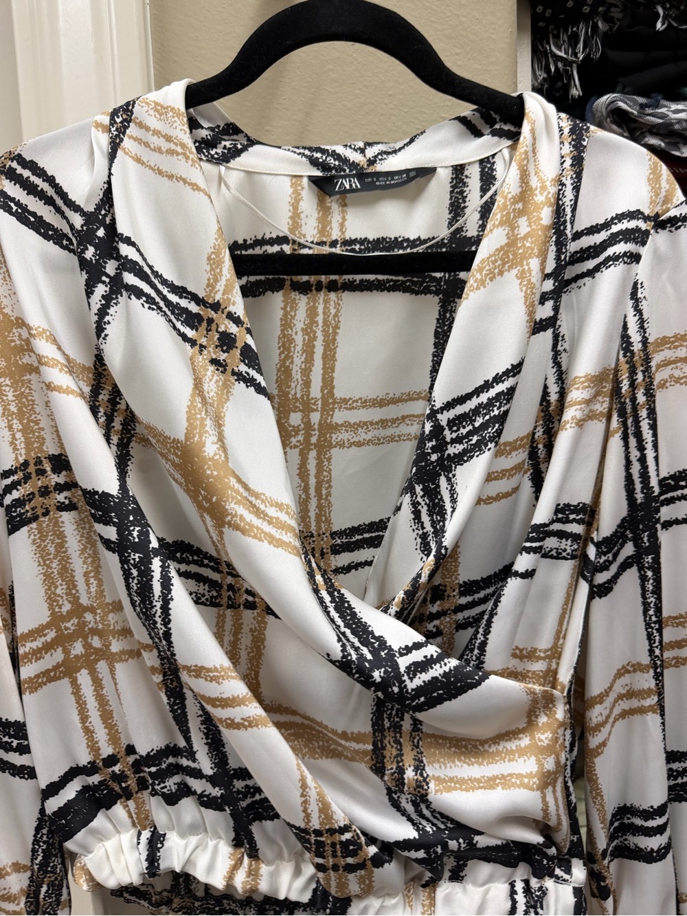 Zara White Plaid Wrap Blouse with Black and Tan Plaid